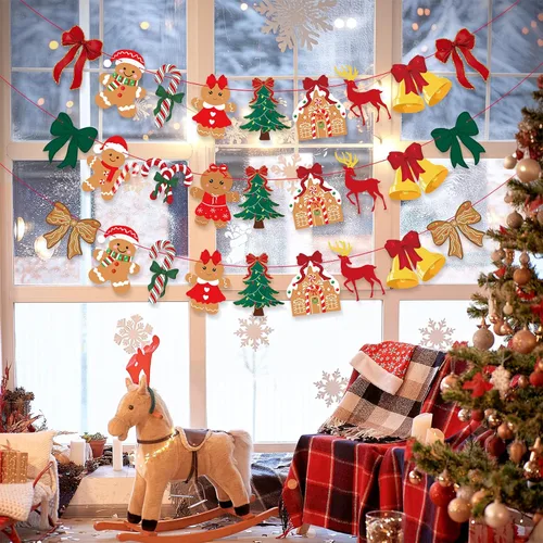 Vista 6 de 3 unidades de pancarta de Navidad con lazo vintage, lazos verdes y rojos, árbol de Navidad, árbol de Navidad, hombre de jengibre, guirnalda