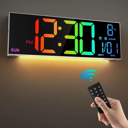 Vista 9 de LEIKE Reloj de pared digital grande de 16.2 pulgadas con control remoto, LED grande, alarma dual, 8 colores RGB, brillo automático, fecha, DST Negro