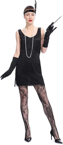 Vista 2 de Leadtex Disfraz de flapper con flecos, de los años 1920, para mujer, con diadema de plumas, collar de cuentas