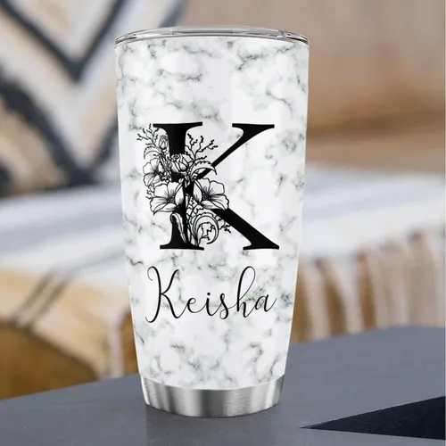 Vista 3 de Vaso de café de acero inoxidable personalizado con inicial y nombre, taza de café con monograma floral para niña, vaso de viaje de acero inoxidable
