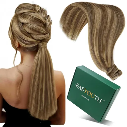 Vista 55 de Easyouth Extensión de cabello humano rubio con cola de caballo, extensiones de cabello humano rubio dorado con reflejos rubios, extensiones