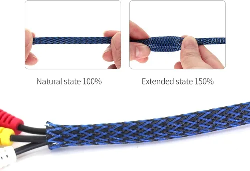 Vista 2 de Protector de cable expandible de PET negro y azul para cable de carga USB, cable de alimentación, cable de audio y video, puede proteger al perro