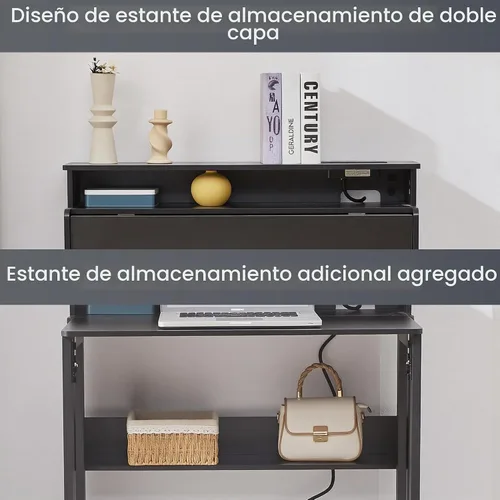 Vista 4 de Escritorio plegable con tomas de corriente, pequeña mesa plegable con estante de almacenamiento, escritorio oculto que ahorra espacio para Negro
