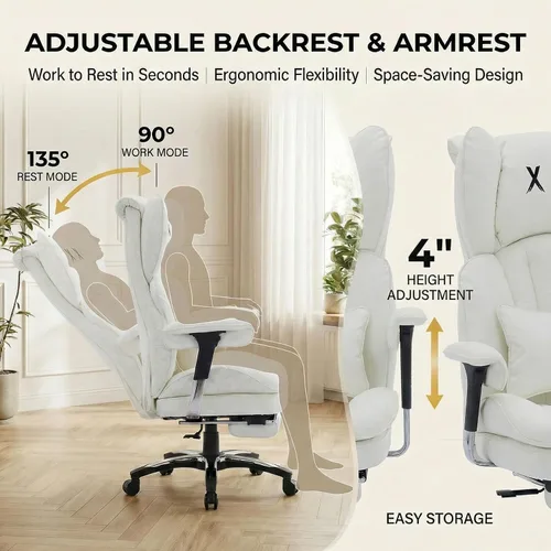 Vista 4 de Efomao Silla de oficina blanca grande y alta con reposapiés, silla ergonómica de respaldo alto para computadora con reposabrazos ajustables, asiento