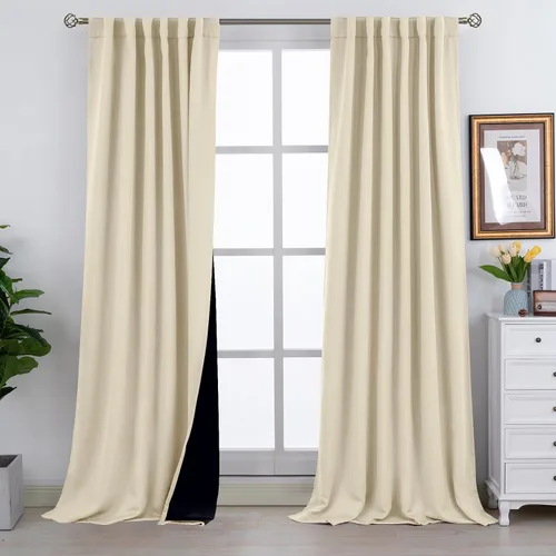 Vista 121 de BGment Cortinas 100% opacas beige de 63 pulgadas de largo con forro aislante térmico, bolsillo para varilla y lengüeta trasera de doble capa