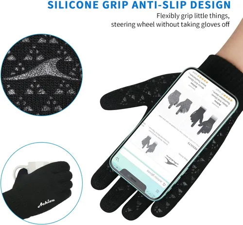 Vista 2 de Achiou - Guantes de invierno, guantes para hombres y mujeres, guantes de correr cálidos para pantalla táctil mejorados con forro térmico de punto