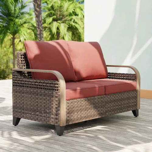 Vista 13 de EAGLE PEAK Sofá de mimbre para patio al aire libre, muebles modernos de ratán para patio, terraza, porche, balcón, sofá de 3 asientos, marrón/gris