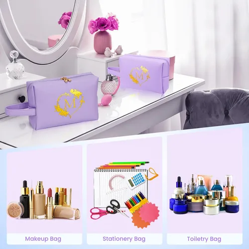 Vista 7 de Bolsa de cosméticos de viaje, bolsa de maquillaje – Bolsa de maquillaje personalizada con inicial, impermeable, bolsa grande de maquillaje, regalos