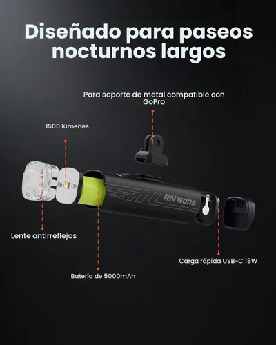 Vista 2 de Magicshine Luz de bicicleta RN 1500S, luces de bicicleta para conducción nocturna con montaje inferior, control FTR LightSync, recargable por USB