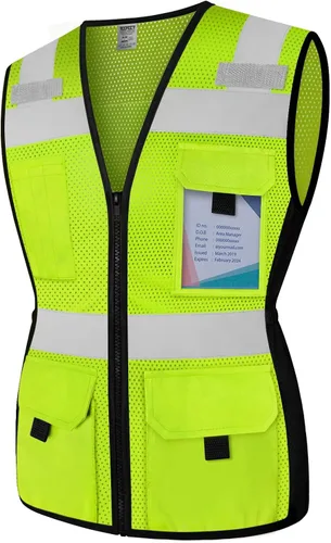 Vista 8 de TCCFCCT Chaleco de seguridad para mujeres, 11 bolsillos, chaleco reflectante de malla con cremallera, chaleco de trabajo de construcción de neón