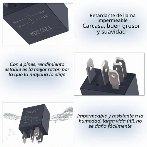 Vista 5 de 2 relés de 4 pines, 30A, 12V para automóvil - Relé de arranque resistente multiusos - Accesorios automotrices universales con diseño impermeable
