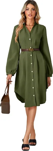 Vista 6 de LYANER Vestido camisero midi de manga larga con cuello en V plisado y botones para mujer