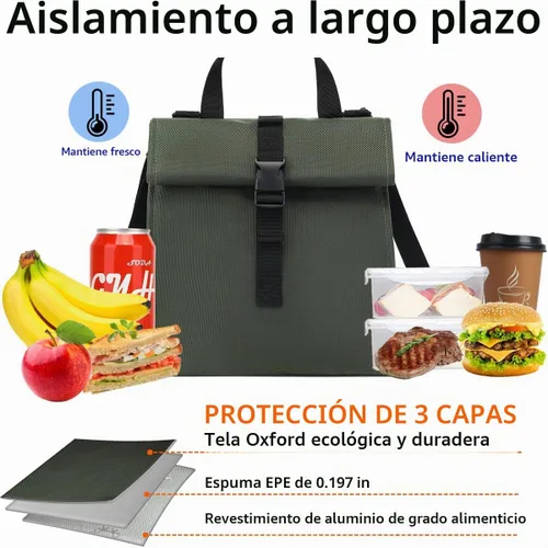 Vista 2 de GYEUKHAM Bolsa de almuerzo aislada para hombres/mujeres/niños, lonchera reutilizable con tapa enrollable y correa ajustable para el hombro Verde