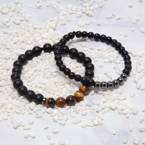 Vista 5 de Roman Ventures - Juego de 2 pulseras para hombre, hematita y ágata negra mate con ojo de tigre o piedra de lava negra pulsera de hematita pulsera
