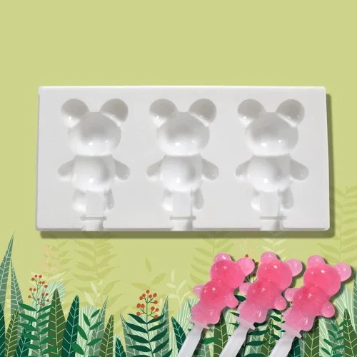 Vista 2 de 1 paquete de moldes para paletas con forma de oso, moldes de silicona para paletas de hielo de 3 cavidades para niños y adultos, molde para tartas