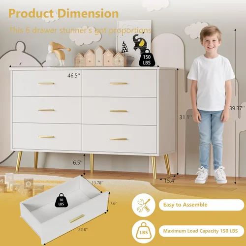 Vista 2 de Cómoda blanca para dormitorio, cómoda de 46.5 pulgadas para armario dorado (Metal Golden)