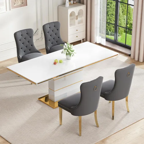 Vista 12 de Mesa de comedor moderna negra para 6 personas, mesa de cocina rectangular de 63 pulgadas con acabado lacado dorado y base de pedestal de acero