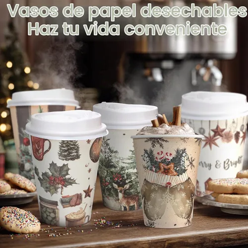 Vista 4 de Gerrii - Juego de 100 vasos de papel de Navidad de 12 onzas con tapas, acogedor invierno