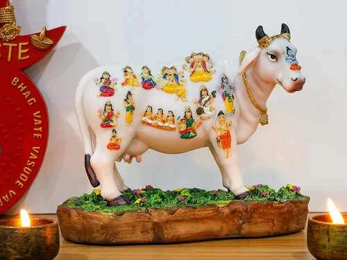 Vista 6 de Estatua de vaca de Dios indio que cumple con los deseos, 8.7 pulgadas de largo, figura de ídolo indio Kamadhenu, decoración para hombre indio