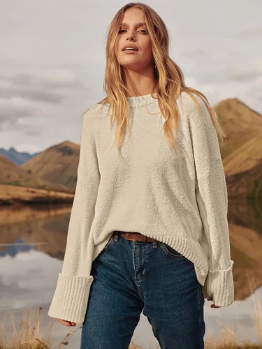 Vista 119 de LOGENE Suéter de gran tamaño para mujer, cuello redondo, manga larga, suave, mullido, suéter de punto 2025 para otoño e invierno