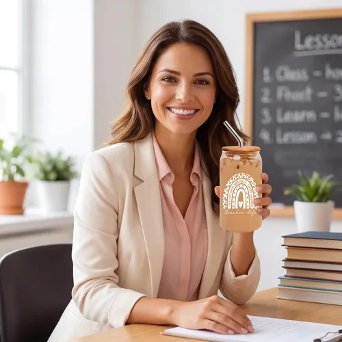 Vista 3 de 8 PCS Mejor Juego de Regalo para Profesoras 16oz Vaso de Café de Vidrio con Tapa y Pajita, Calcetines Acolchados, Bolsa de Regalo, Llavero y Tarjeta