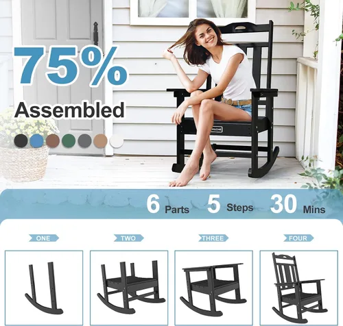 Vista 7 de nalone Juego de sillas mecedoras para exteriores de 2 piezas, silla mecedora resistente a todo clima de HDPE para porche, silla mecedora de patio