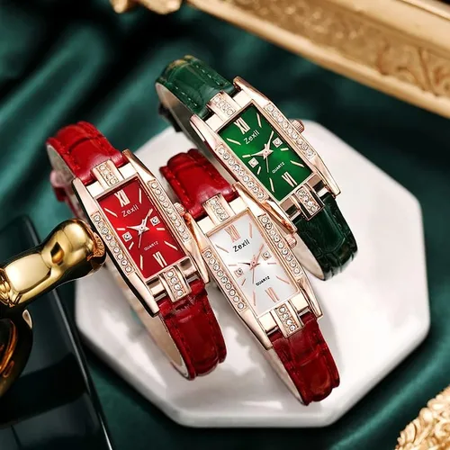 Vista 4 de Elegante reloj de cuarzo cuadrado con correa de cuero pequeña personalizada retro y esfera de lujo de circonitas