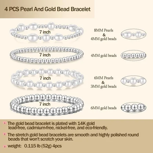 Vista 2 de Pulseras de cuentas de oro para mujer, perlas barrocas apilables, chapadas en oro de 14 quilates, pulsera de bolas elásticas para regalo de joyería