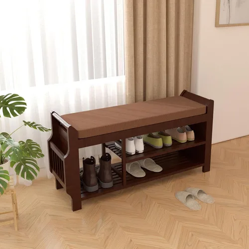 Vista 2 de NURTUDIS Banco de zapatos, taburete de bambú para almacenamiento de zapatos con cojín extraíble, estante organizador de almacenamiento de zapatos