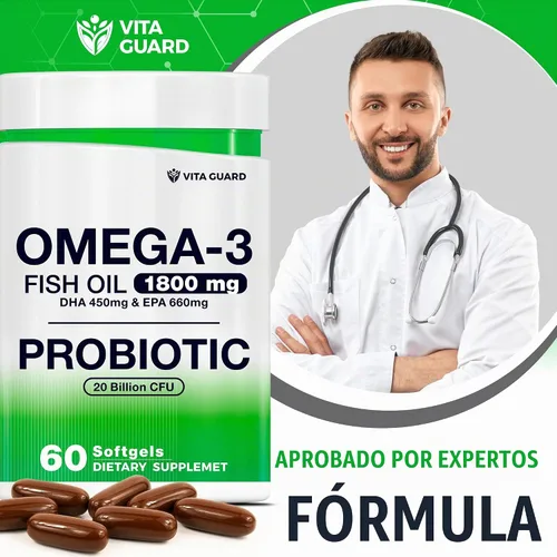 Vista 7 de Aceite de pescado omega-3 con probióticos – 1800 mg de aceite de pescado, 660 mg de EPA, 450 mg de DHA – Soporte para corazón, cerebro e intestinal