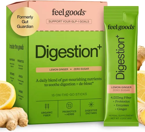 Vista 12 de Feel Goods Digestion+, salud intestinal, mezcla de fibra orgánica y probióticos, enzimas digestivas para alivio de la hinchazón, limpieza intestinal