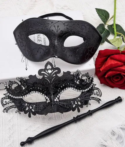 Vista 4 de SIQUK Máscaras de máscaras para parejas con palo, máscara veneciana de metal en un palo, máscara de disfraz de Halloween, máscara de Mardi Gras