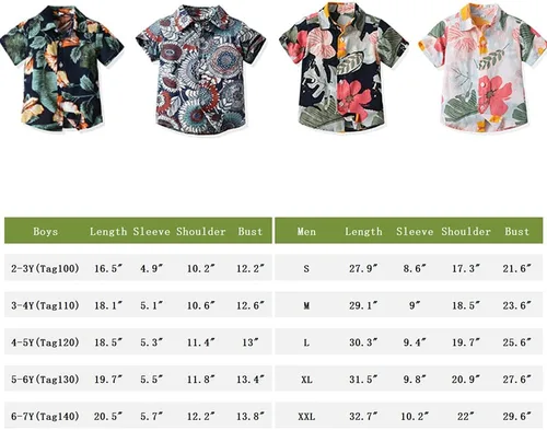 Vista 7 de Camisas hawaianas con botones para niños y hombres, casual, manga corta, camisa Aloha floral, 2 años - Hombres 2XL