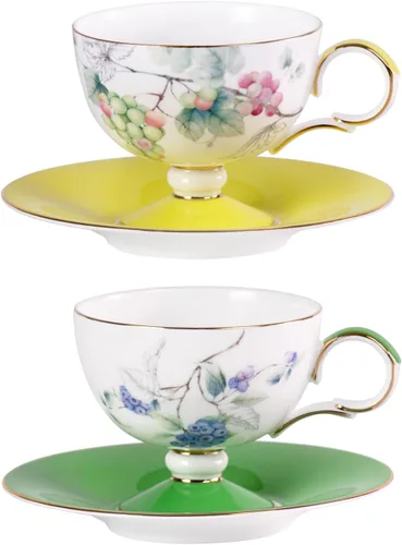 Vista 10 de KAMMAK Juego de 2 tazas de café de cerámica, tazas de café de porcelana con platillos, 6.52 onzas hechas a mano, elegante taza de té de porcelana