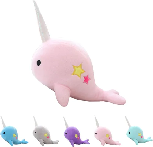 Vista 3 de Bonito juguete de peluche de narval verde azulado, adorable juguete de peluche de ballena suave, animales de peluche para bebés, niños, niños