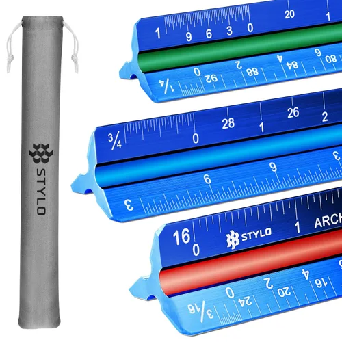 Vista 17 de Stylo Regla de escala de arquitecto de aluminio de 12" con grabado láser, regla triangular de dibujo, ranuras codificadas por color para planos, Gris
