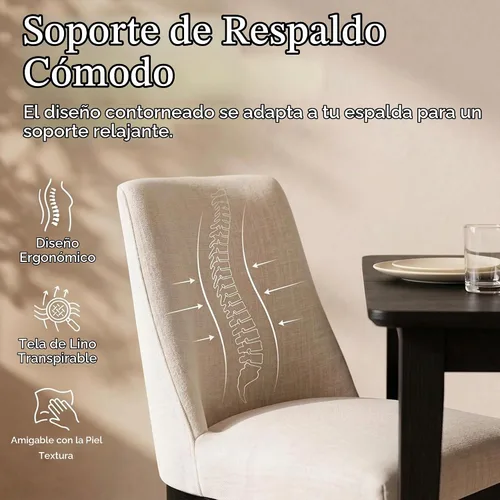 Vista 4 de HNY Juego de 2 sillas de comedor modernas con cómodo soporte de espalda, sillas de comedor tapizadas de lino suave con patas de madera maciza