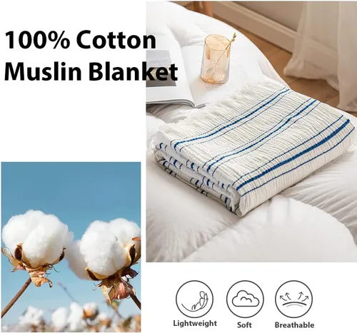 Vista 4 de Simple&Opulence Manta de muselina de algodón a rayas teñidas para cama, sofá, manta tejida de punto con borlas, suave, ligera, acogedora, prelavada