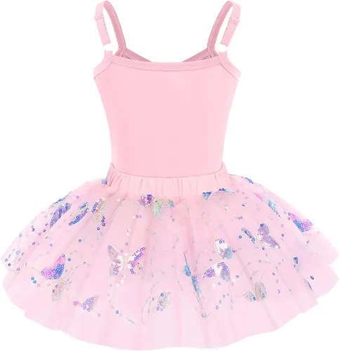 Vista 2 de AFAVOM Camisola de lentejuelas de mariposa para niñas, vestido de ballet con volantes, falda tutú con purpurina, leotardo, disfraz de bailarina