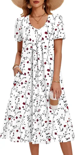 Vista 28 de Zeagoo Vestido de verano para mujer, casual, floral, midi, con bolsillos, cuello en V, plisado, manga corta, estilo alineado, para vacaciones