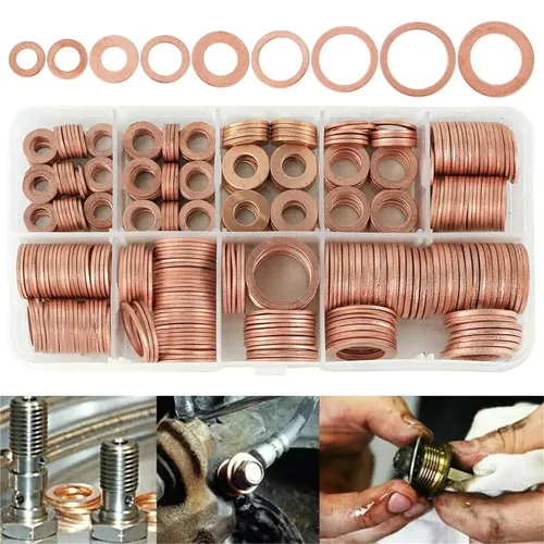 Vista 2 de Flat Copper Washers 400/300/280/200/150/100Pcs O Ring Copper Gaskets Flat Ring Seal Kit Assortment Car Sealing Rings with Case(100Pcs M4-M14)