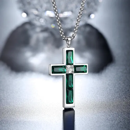 Vista 49 de Collar de cruz para hombre, piedras preciosas de color piedra natal de circonita cúbica, collar de acero inoxidable para hombre, cadena de 24
