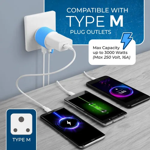 Vista 7 de OREI Adaptador de enchufe para viajes a Sudáfrica, Botsuana, Namibia con doble USB - Entrada EE. UU. - Tipo M (U2U-10L), Funcionará con teléfonos