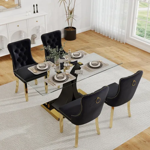Vista 29 de Juego de comedor moderno de vidrio de lujo de 5 piezas, juego de cena rectangular minimalista grande para 4, juego de mesa de cocina de vidrio
