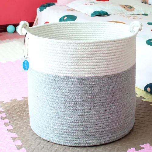 Vista 8 de Casaphoria Cesta de cuerda de algodón tejida con asa para dormitorio, cesta de almacenamiento redonda para baño, canasta grande para manta para sala