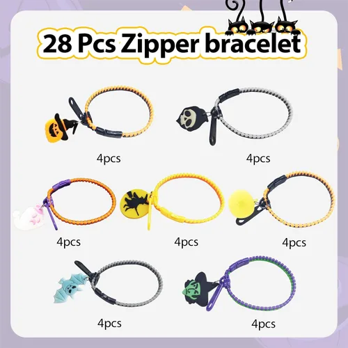Vista 5 de OuMuaMua Pulseras con cremallera para fiestas de Halloween para niños, paquete de 28 pulseras con cremallera que brillan en la oscuridad