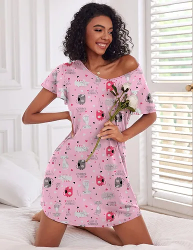 Vista 2 de Ekouaer - Pack de 2 camisones de manga corta para mujer, cómodos y suaves, pijama estilo vestido para dormir