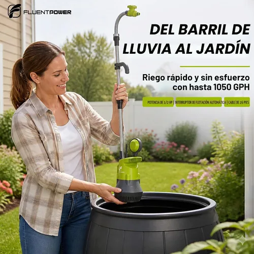 Vista 2 de FLUENTPOWER Bomba de Barril de Lluvia de 1/2HP, Bomba de Agua Sumergible de 1050GPH con Interruptor de Flotador y Cable de 26 pies, Drenaje de Agua
