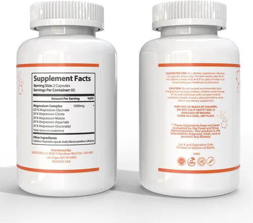 Vista 7 de Citrato de glicinato de magnesio, malato y aspartato gluconato, fórmula 5 en 1, 120 cápsulas vegetales purificadas, 1000 mg, sin gluten, sin OMG, 60