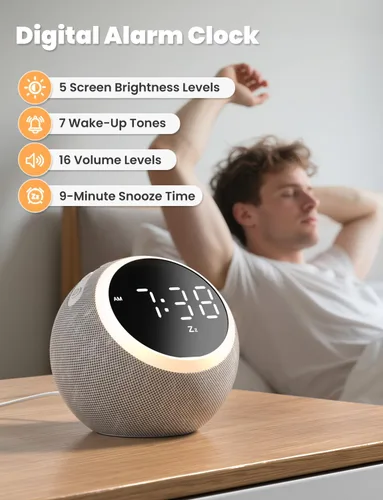 Vista 6 de LIORQUE Reloj despertador con máquina de ruido blanco y luz nocturna, 25 sonidos relajantes, volumen ajustable, temporizador de sueño, ideal